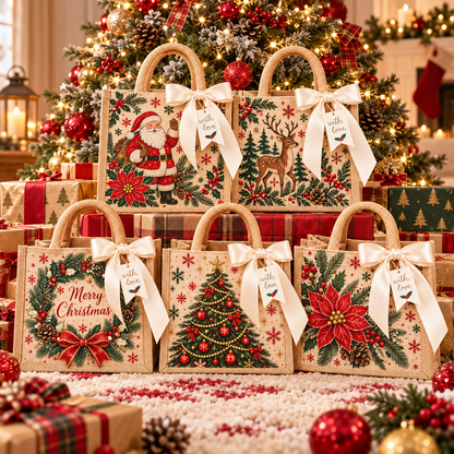 Vintage Christmas Burlap Gift Tote Bag