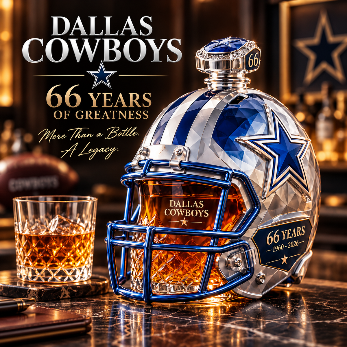 🏈💙 DALLAS Football 66th Anniversary Helmet Decanter – 1960–2026 Silver & Blue Star Commemorative Bottle