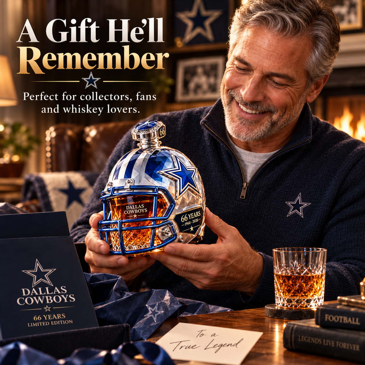 🏈💙 DALLAS Football 66th Anniversary Helmet Decanter – 1960–2026 Silver & Blue Star Commemorative Bottle