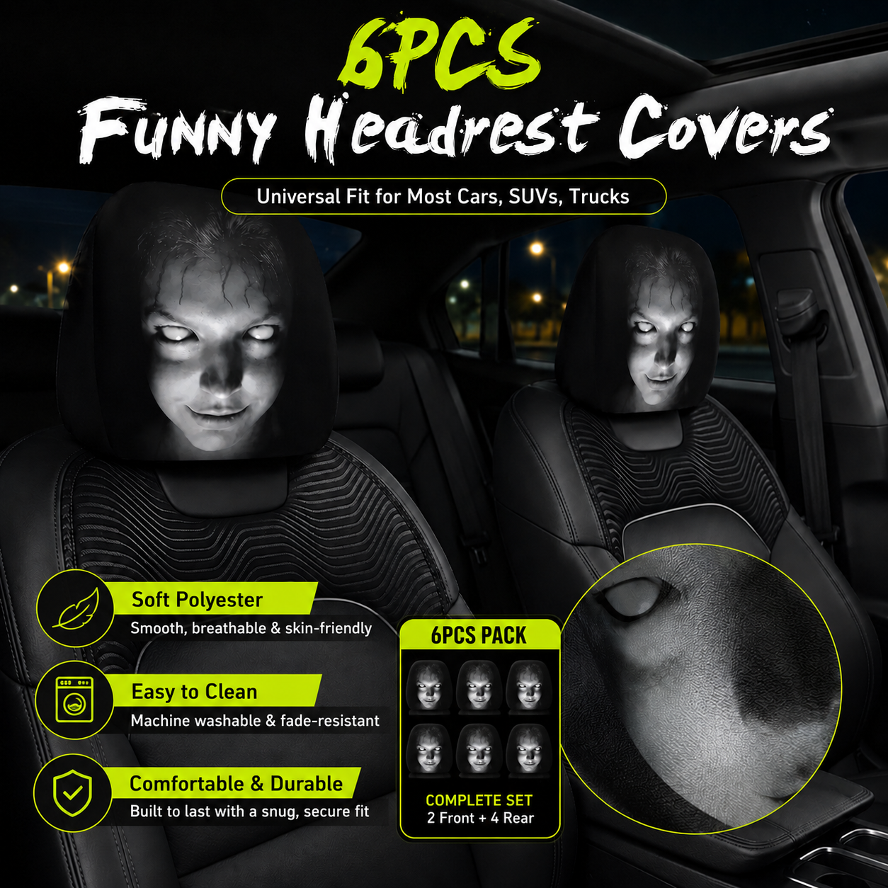 😆 Funny Cartoon Car Headrest Covers – 2PCS Universal Fit 🚗