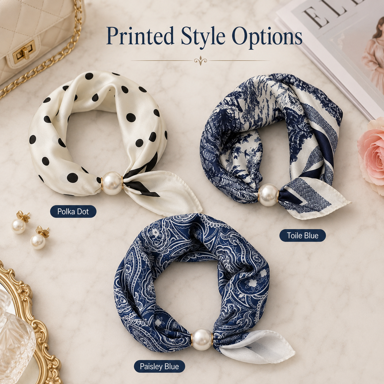 Pearl Buckle Closure Printed Scarf
