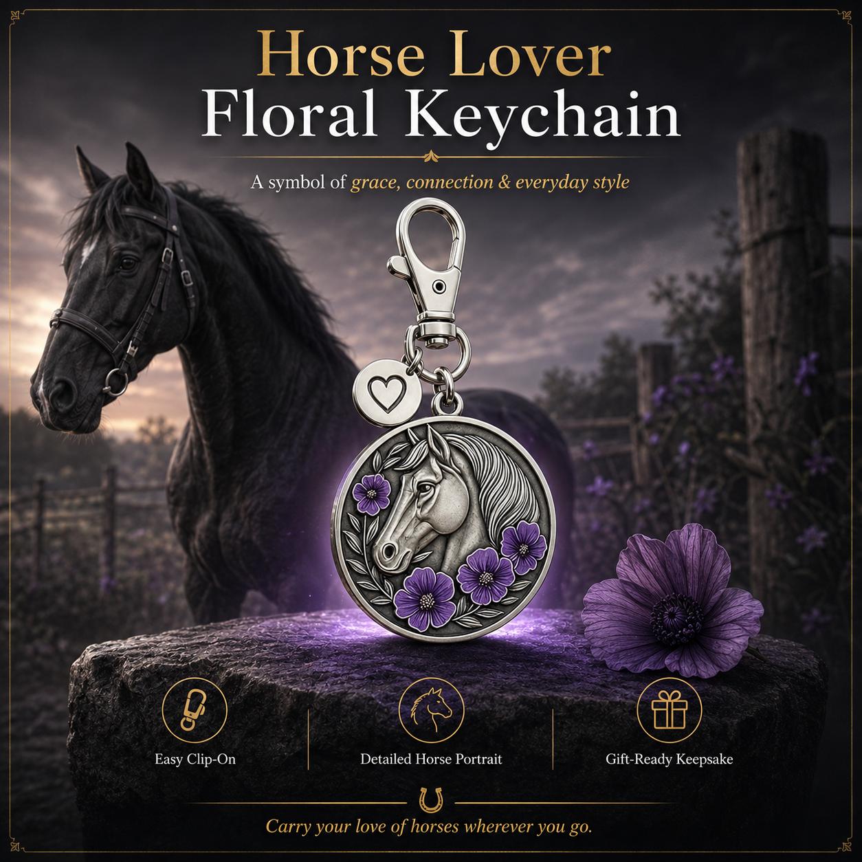 Purple Poppy Horse Remembrance Keychain
