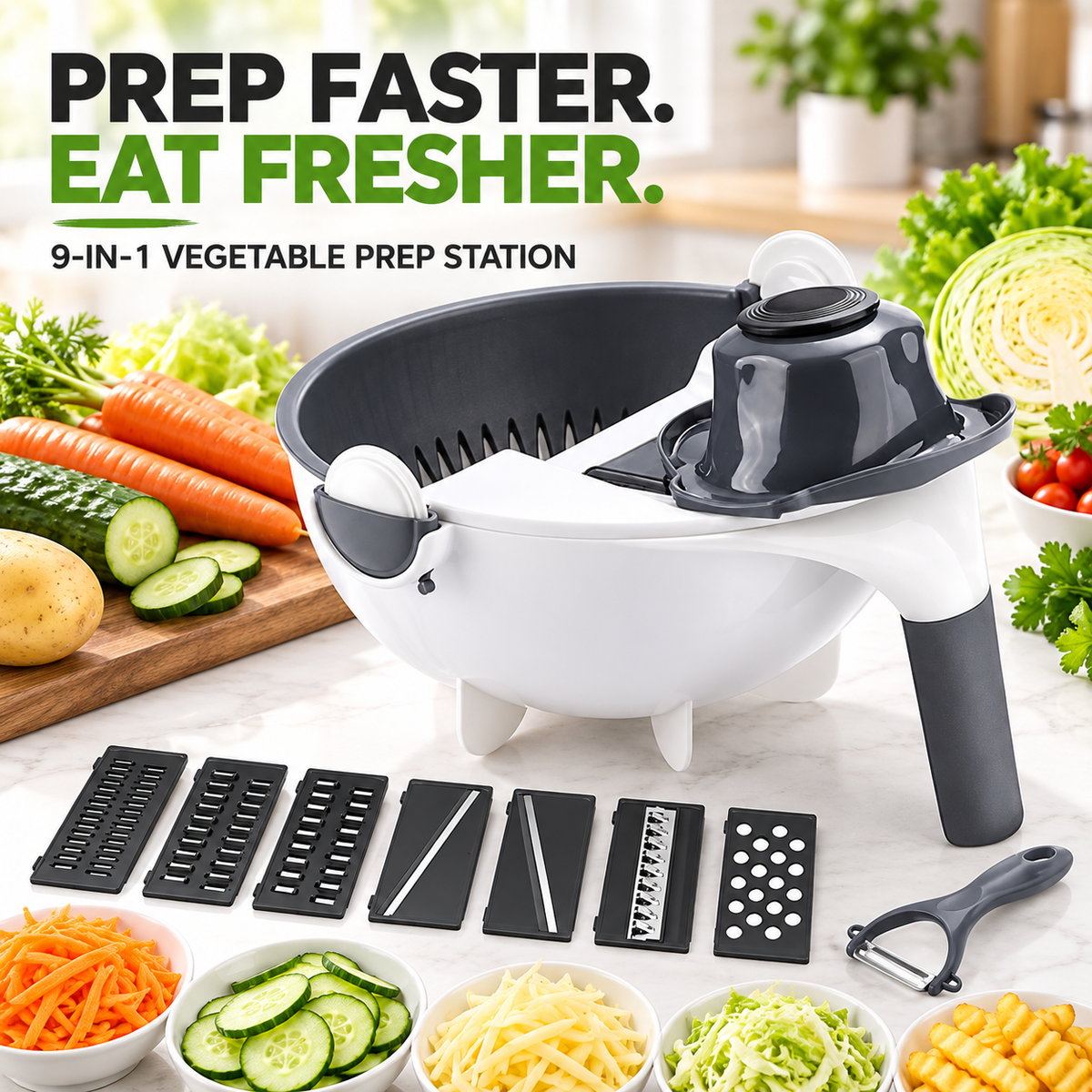 9-in-1 Vegetable Prep Station – Cutter & Drain Basket