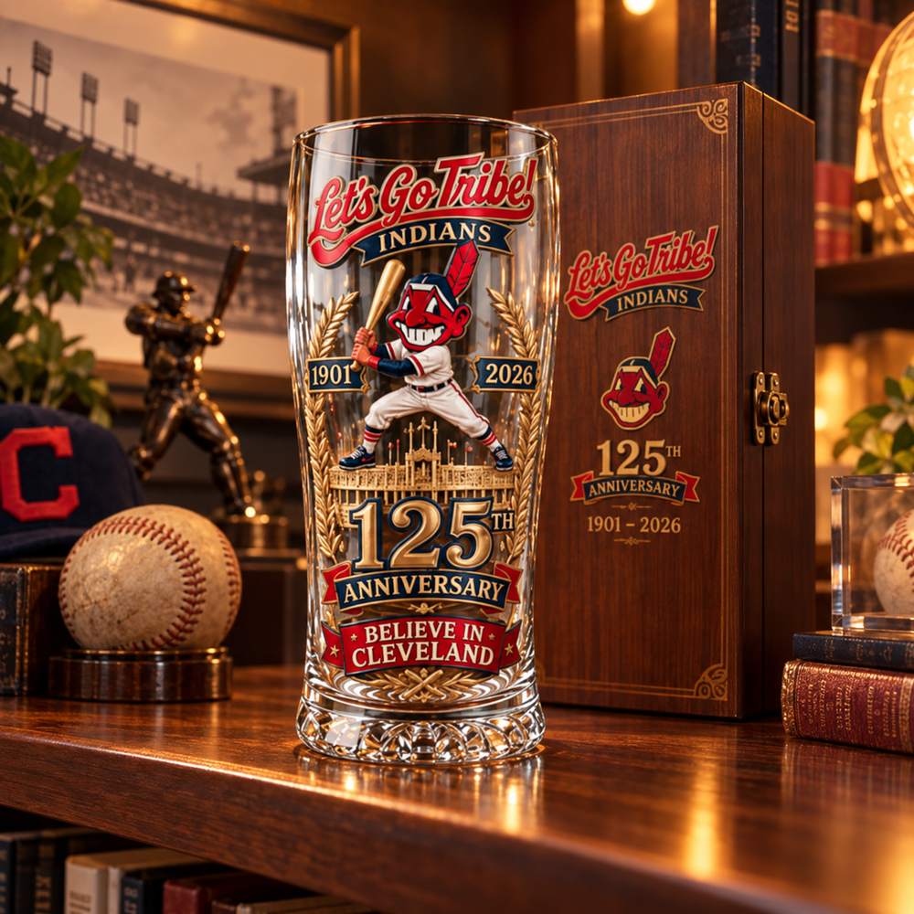 Commemorative pint glass and wood-look presentation case displayed with baseball memorabilia