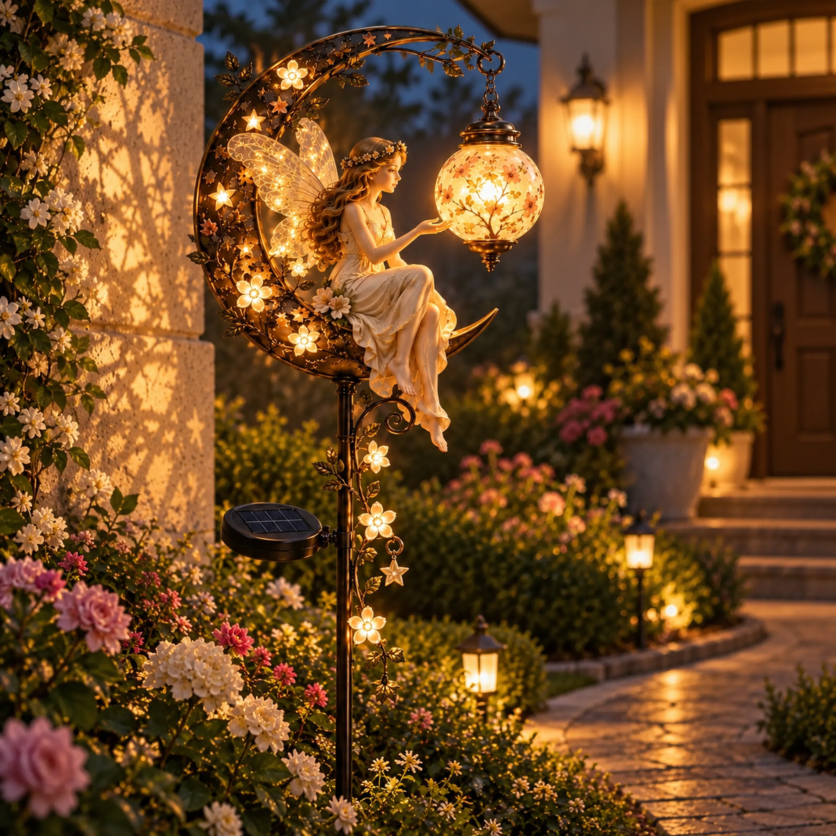 🧚‍♀️🌙 Enchanted Moon Fairy Solar Garden Light | Floral Crescent Lantern Stake, Magical Outdoor Décor & Fairy Garden Accent