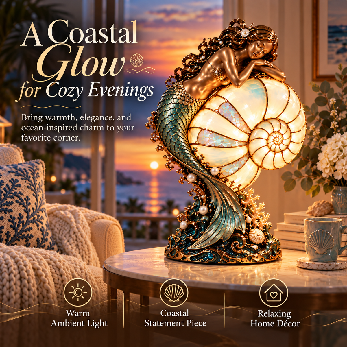 🧜‍♀️🐚 Moon-Tide Mermaid Nautilus Lamp