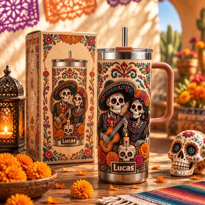 💀 Personalized Día de los Muertos Sugar Skull Couple 40oz Handle Tumbler 🌺🎸