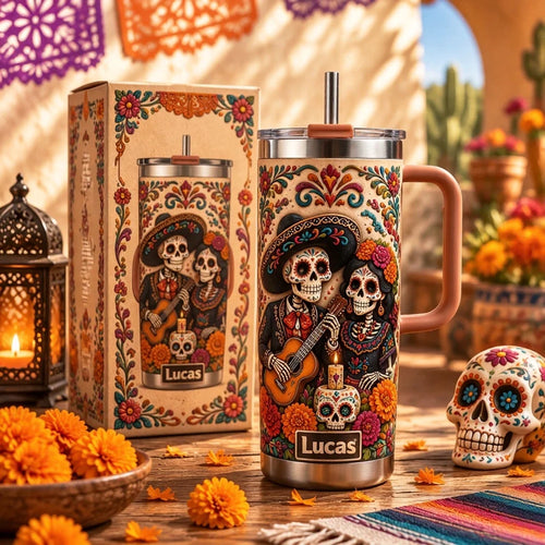 💀 Personalized Día de los Muertos Sugar Skull Couple 40oz Handle Tumbler 🌺🎸