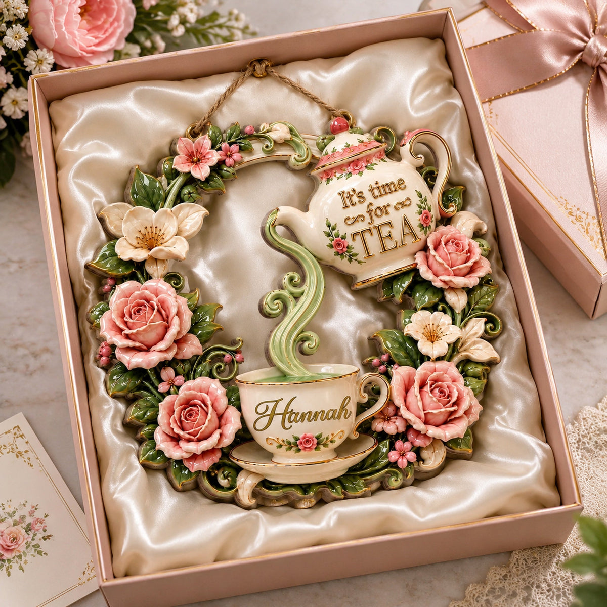 Personalized Vintage Tea Time Wooden Wreath Sign – “It’s Time for Tea” Floral Door Hanger