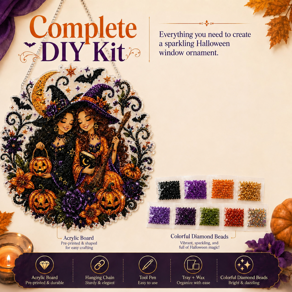 Halloween Witch DIY Diamond Art Window Suncatcher - Halloween Pearl Art Kit