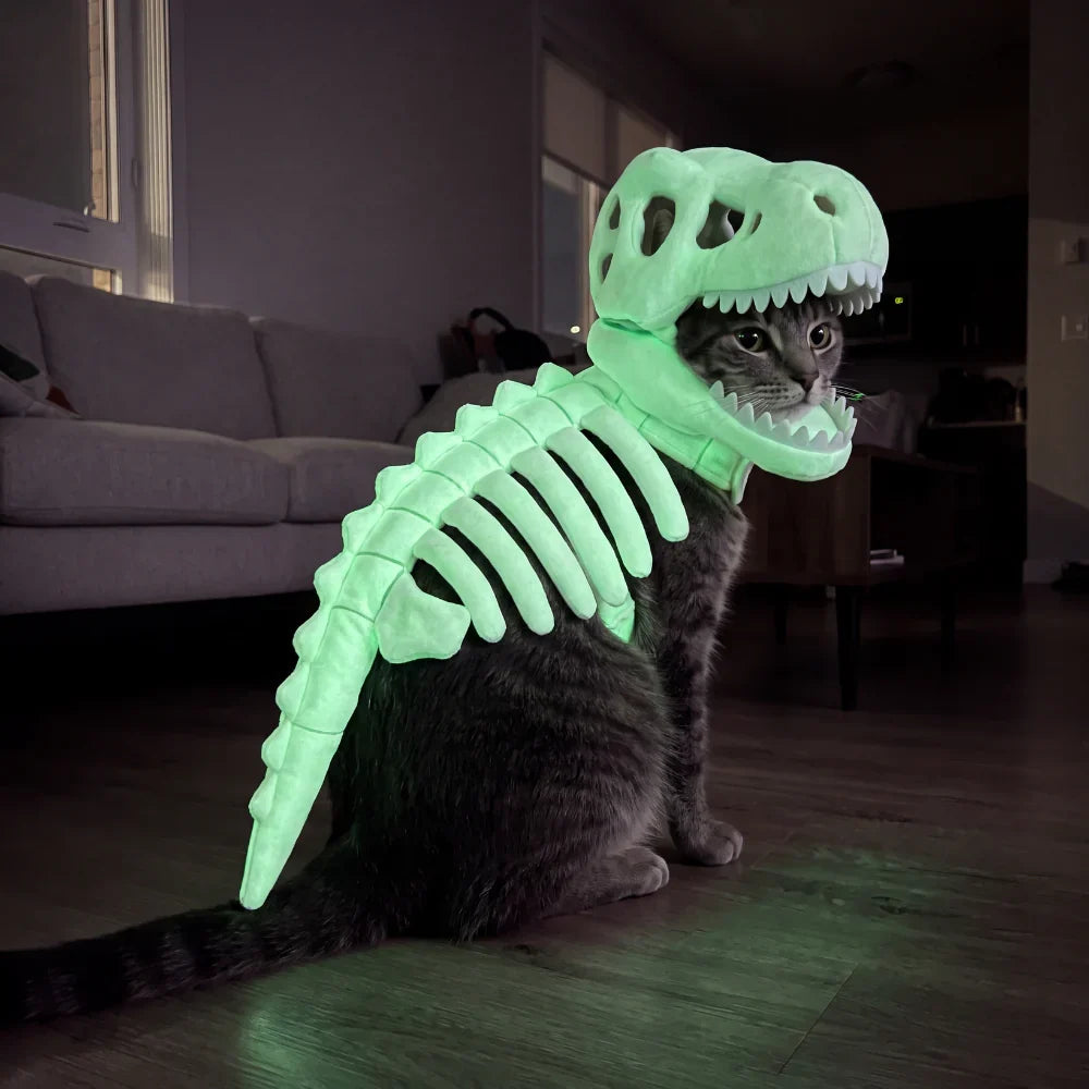 🎉🦖 Glow-in-the-Dark Dinosaur Skeleton Cat Costume — Let Your Kitty Roar at Night! ✨