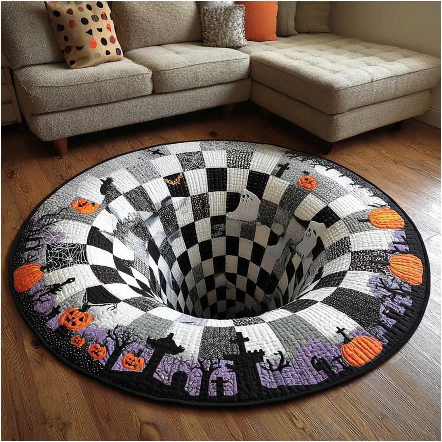 🎃 3D Skeleton Vortex Quilted Round Halloween Rug