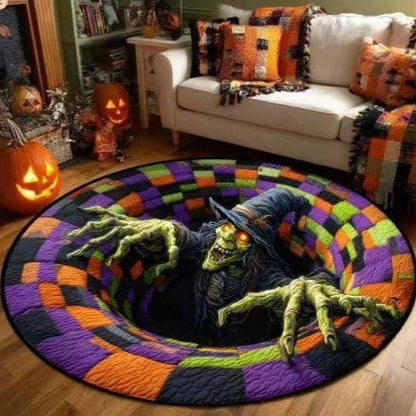 🎃 3D Skeleton Vortex Quilted Round Halloween Rug