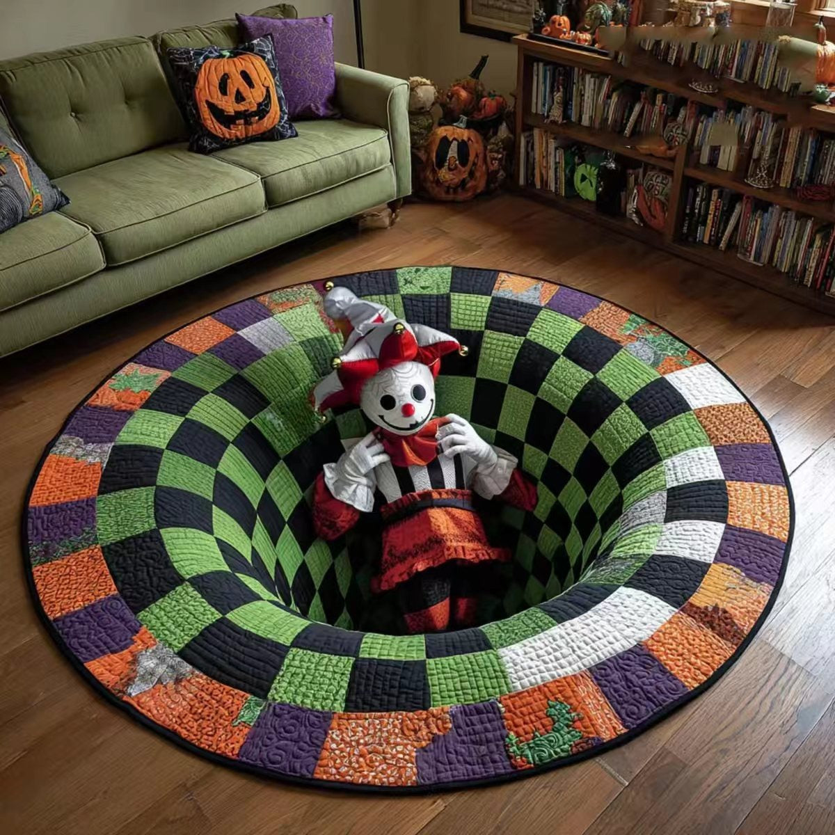 🎃 3D Skeleton Vortex Quilted Round Halloween Rug