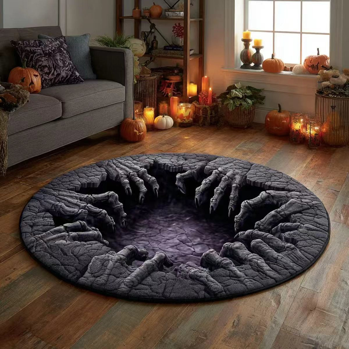 🎃 3D Skeleton Vortex Quilted Round Halloween Rug