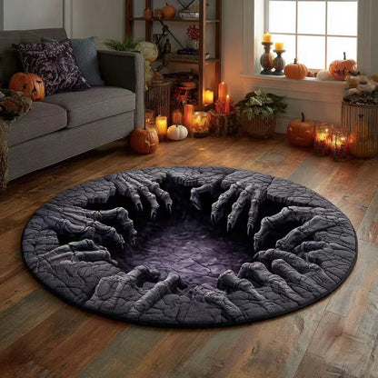 🎃 3D Skeleton Vortex Quilted Round Halloween Rug