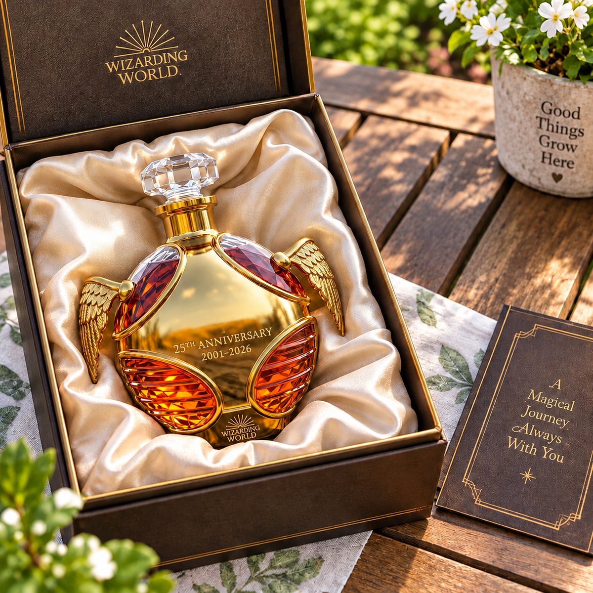Close view of the gold-tone bottle and wing-inspired details outdoors