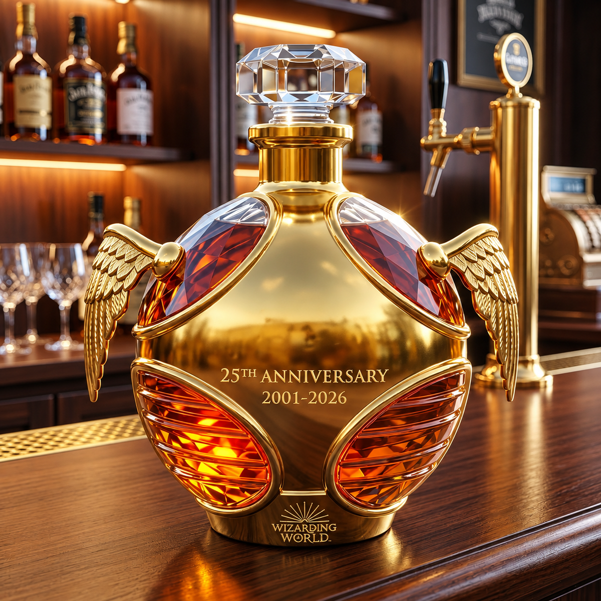 Anniversary bottle displayed inside a glass cabinet