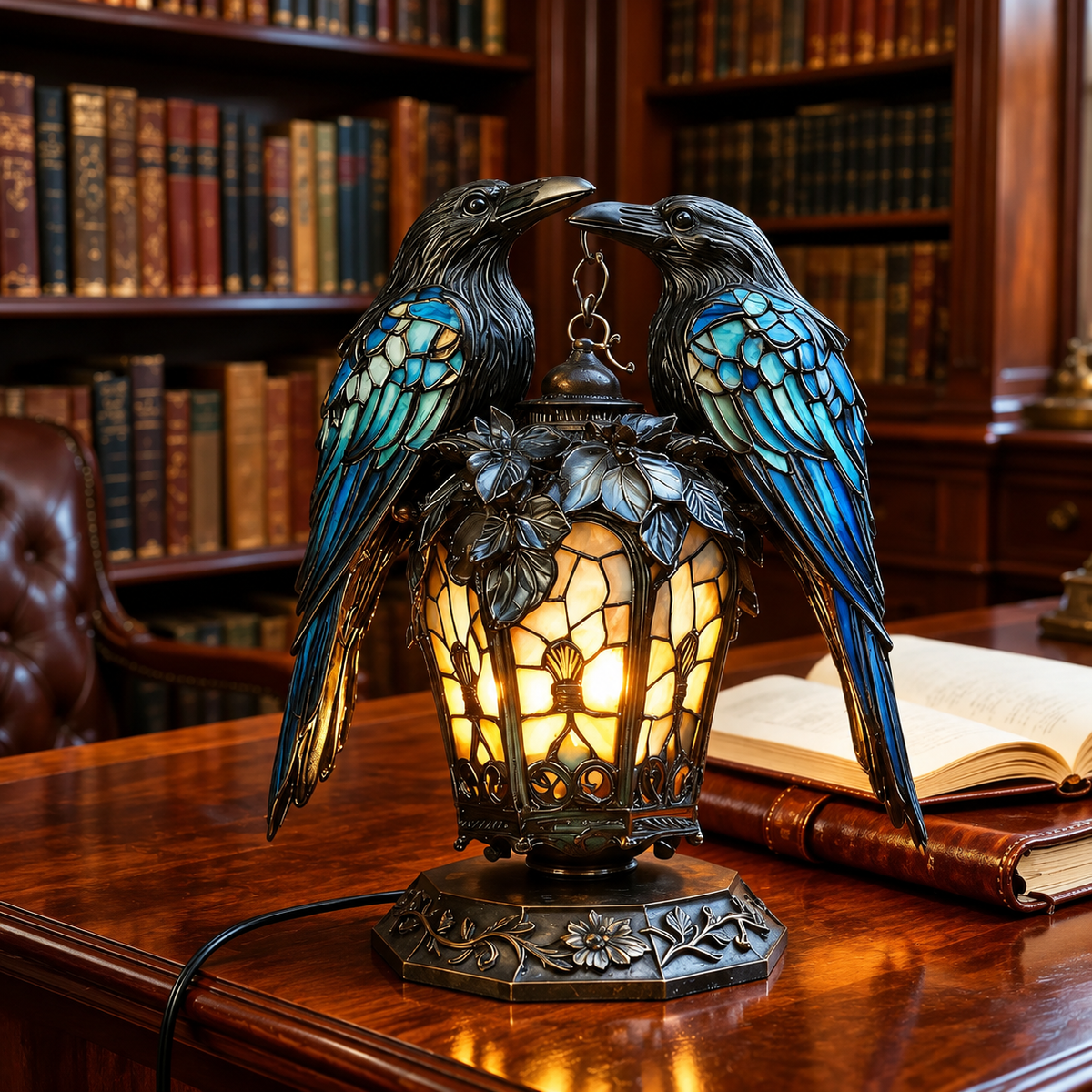 Two raven figures surrounding a glowing Gothic lantern in a dark study