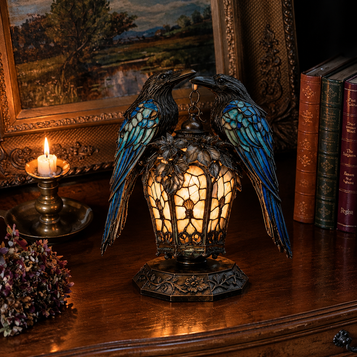 Raven lantern displayed among antique-style books