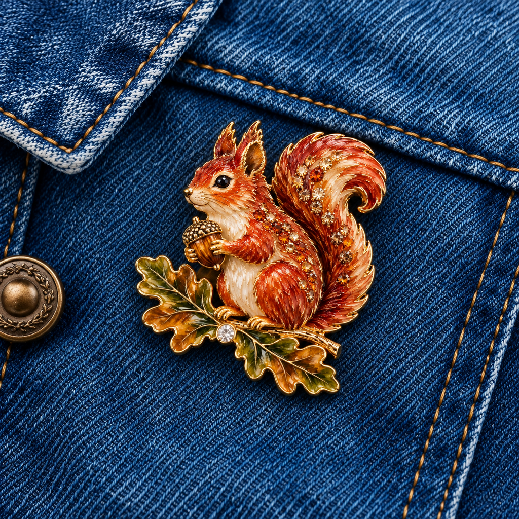 Autumn Woodland Squirrel 🐿️ Oak & Acorn Country Brooch