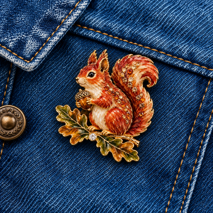 Autumn Woodland Squirrel 🐿️ Oak & Acorn Country Brooch