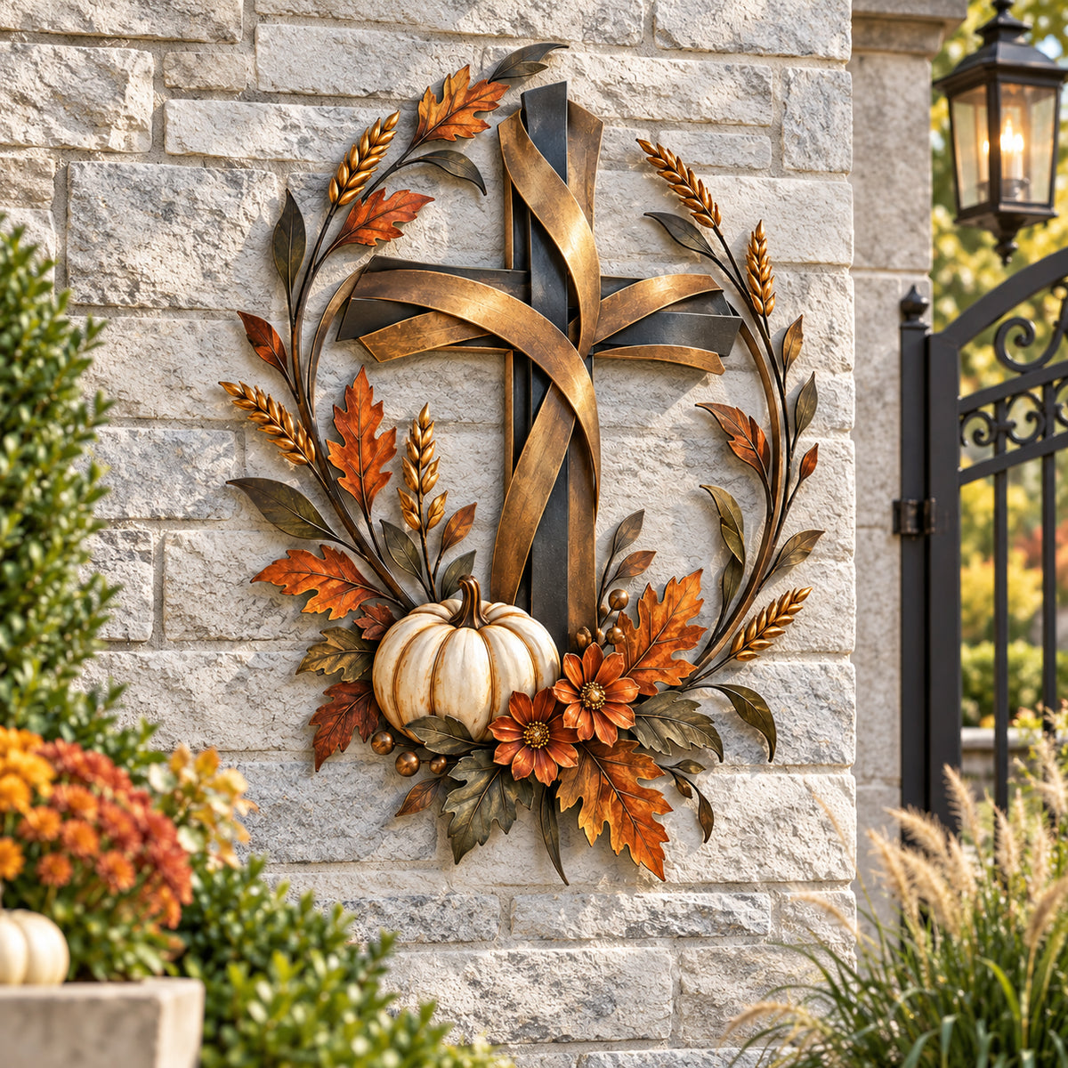Cross and pumpkin metal wall decoration displayed against stone, showing its wheat, leaf, floral, and berry details