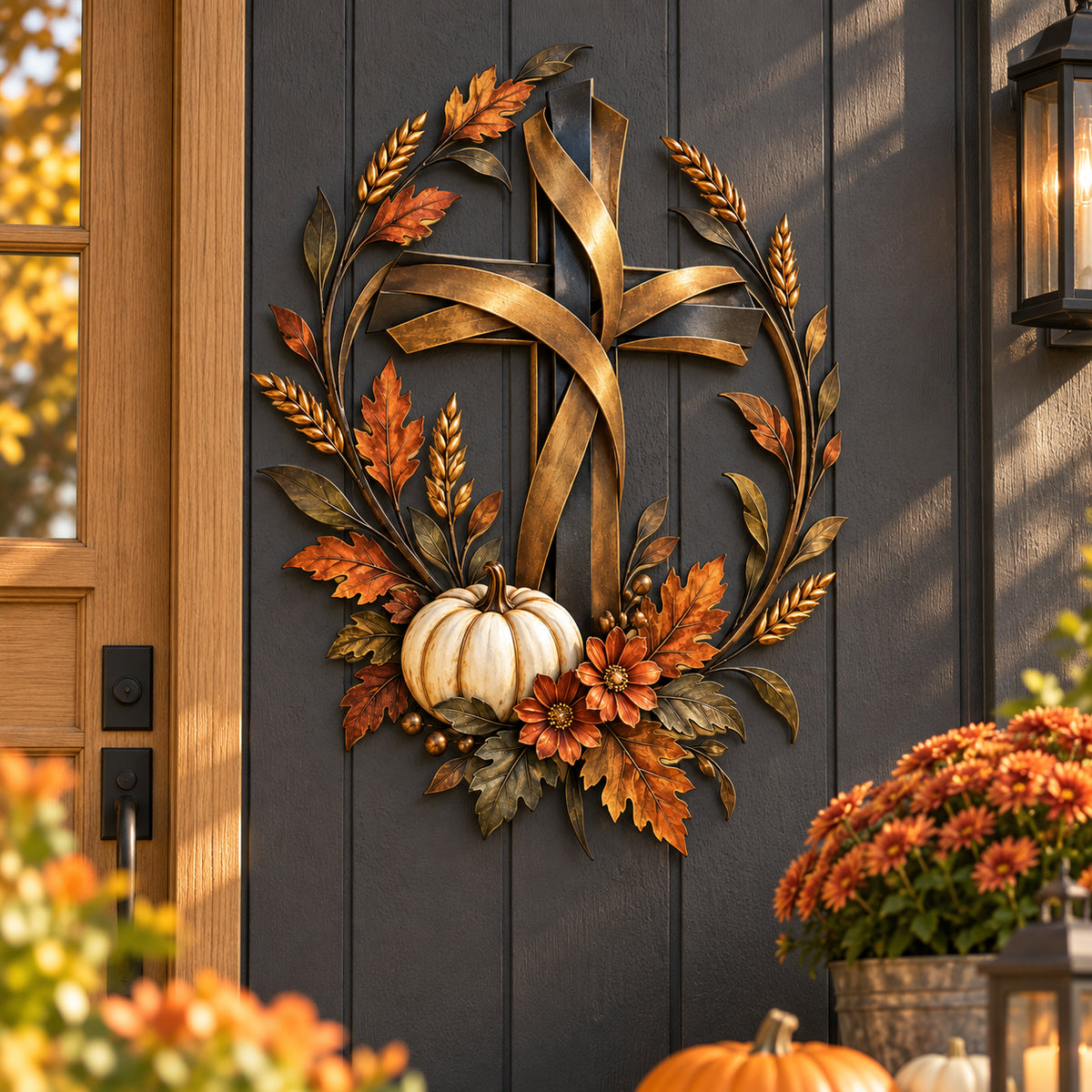 Bronze-tone harvest cross and white pumpkin wall decor styled on a dark wall in warm evening light