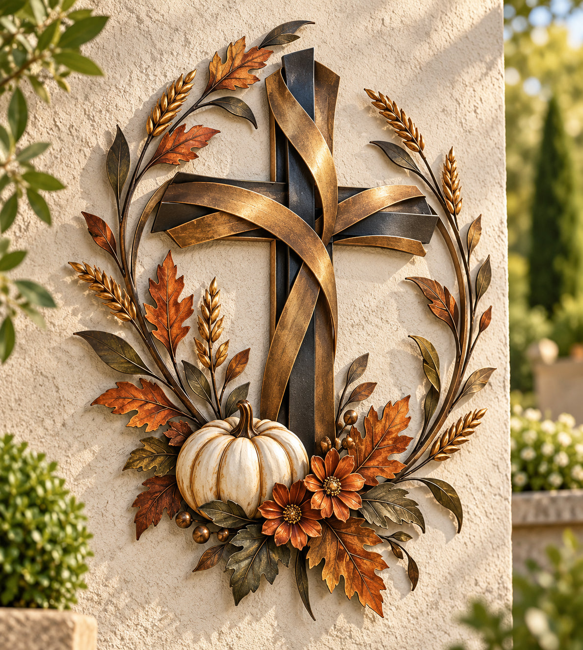 Complete autumn cross design with flowing bronze-tone bands, golden wheat, rust-colored leaves, flowers, and a white pumpkin