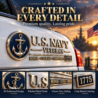 U.S. Navy Veteran Metal Car Emblem – 3D Adhesive Badge, No-Drill Military-Inspired Car & Truck Decoration