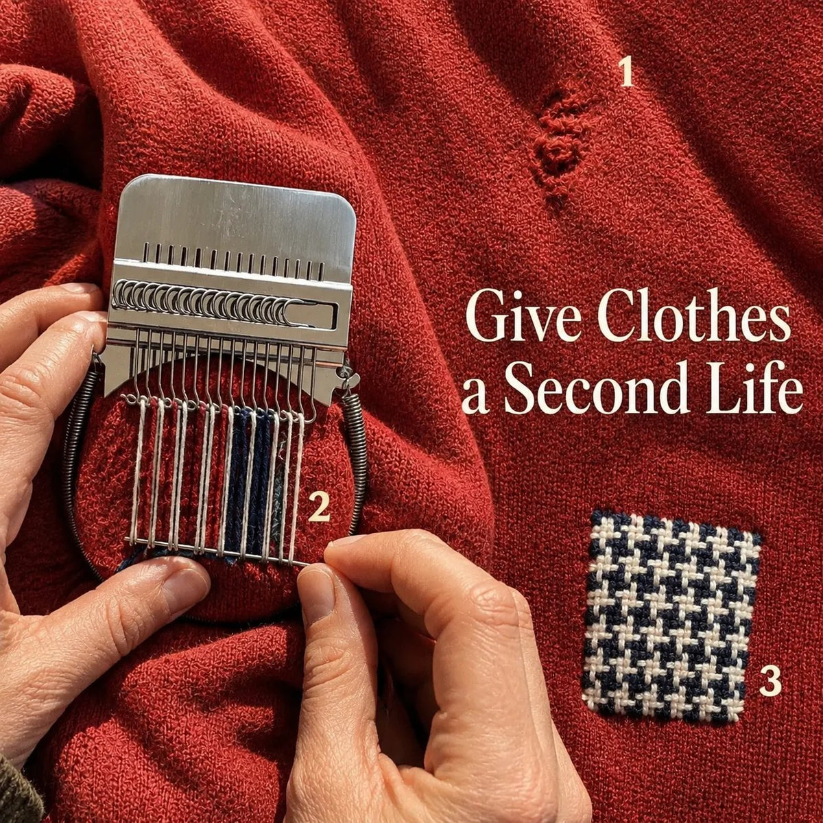 Visible mending loom weaving a patch over a hole in a red sweater