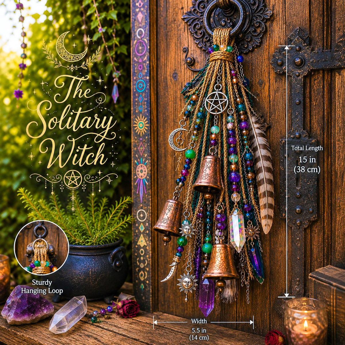 Witchy Door Charm size guide showing 15-inch length, 5.5-inch width and top hanging loop