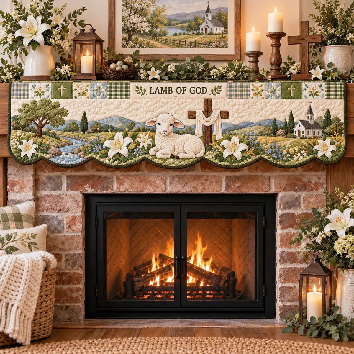 ⏳ Last Day 49% OFF – ✝️ Easter Faith Quilted Mantel Scarf | Patchwork Christian Fireplace Décor for Spring & Easter 🌷