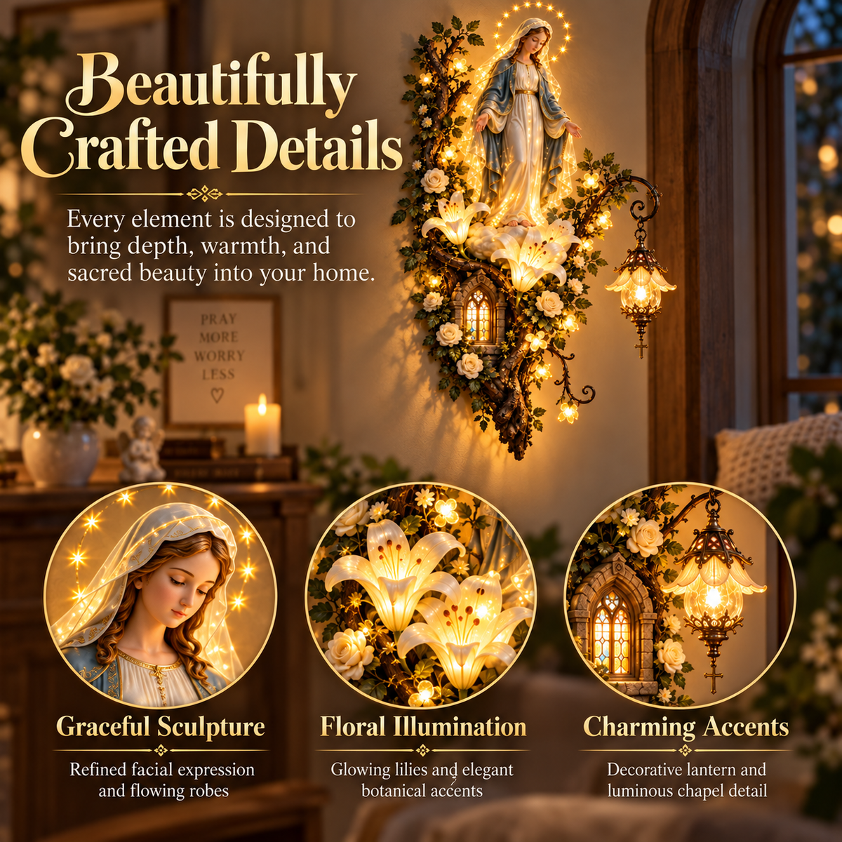 🙏✨ Blessed Mother Lighted Wall Décor | Virgin Mary 3D Religious Wall Art with Warm Ambient Glow detail
