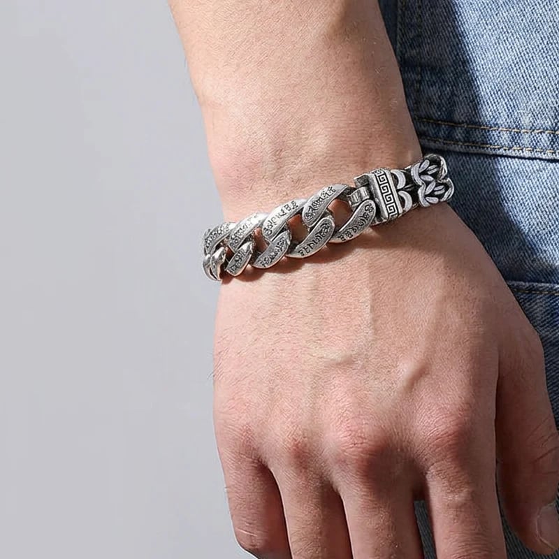 Dual-chain six-syllable mantra bracelet on wrist