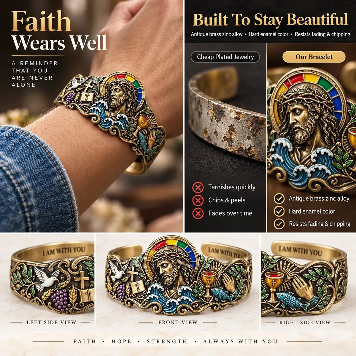 ⭐Faith Inspired Jesus Cuff Bracelet | Antique Brass With Scripture Message