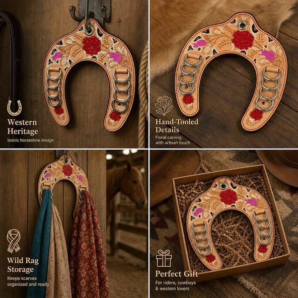 🔥Handcrafted Leather Horseshoe Wild Rag Holder | Western Scarf & Bandana Organizer