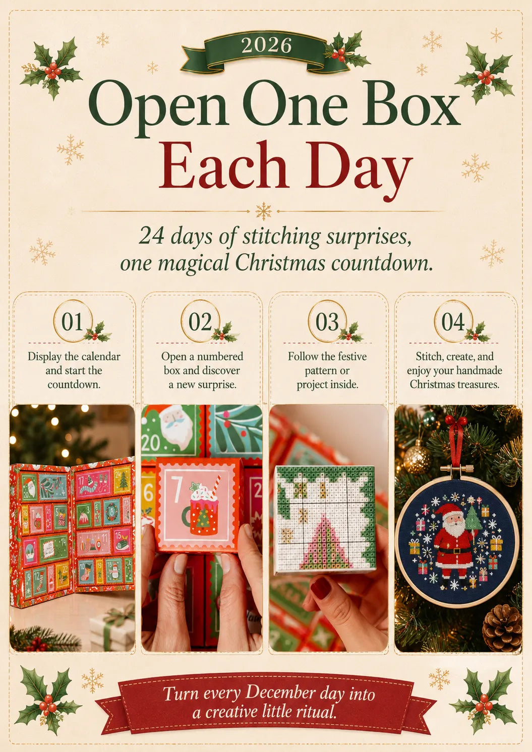 Four-step Christmas cross stitch advent routine from displaying the calendar to completing a festive project