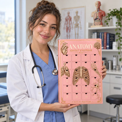 Healthcare worker in scrubs holding the Anatomy Advent Calendar