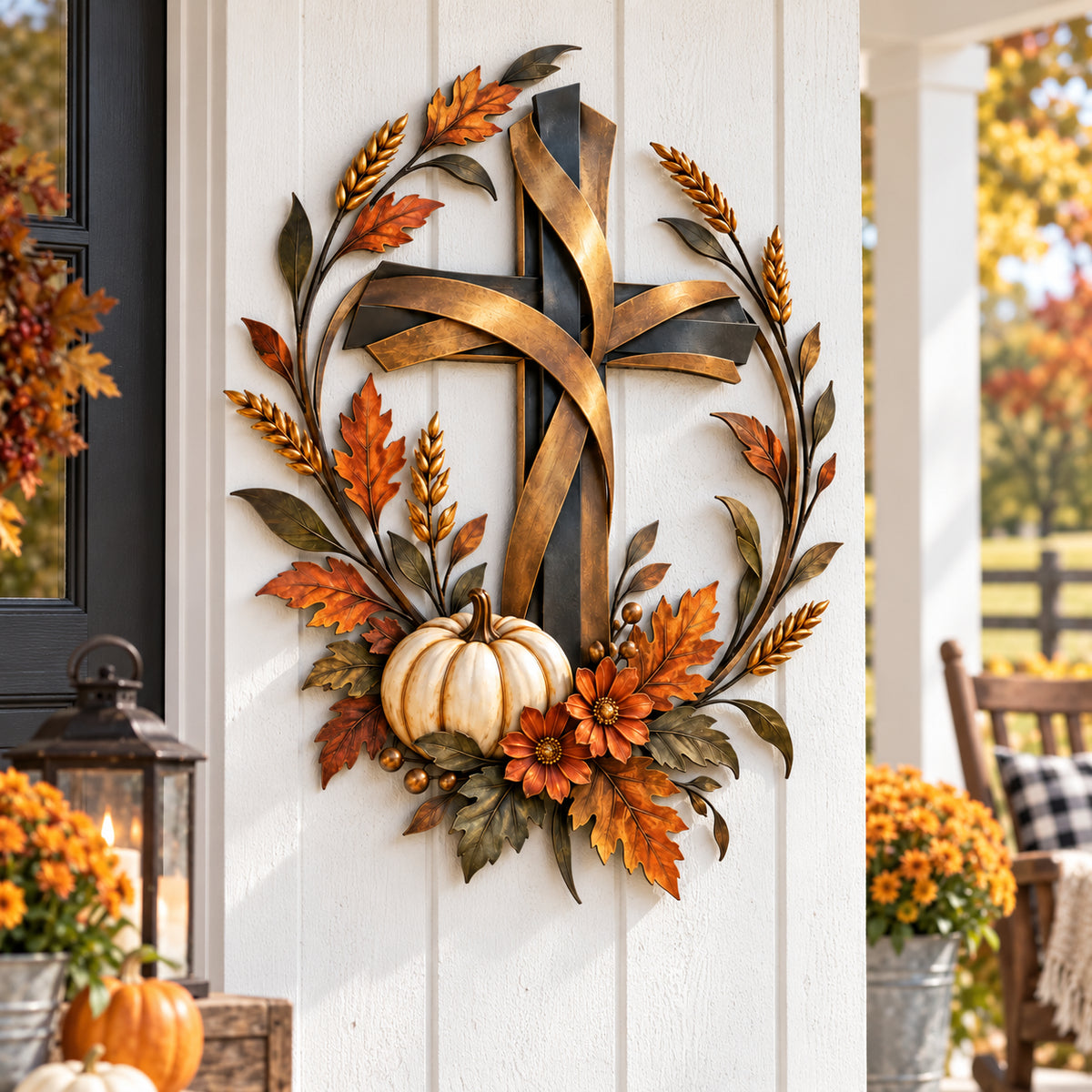 Faith-inspired harvest cross displayed on a light porch wall beside autumn flowers and lanterns