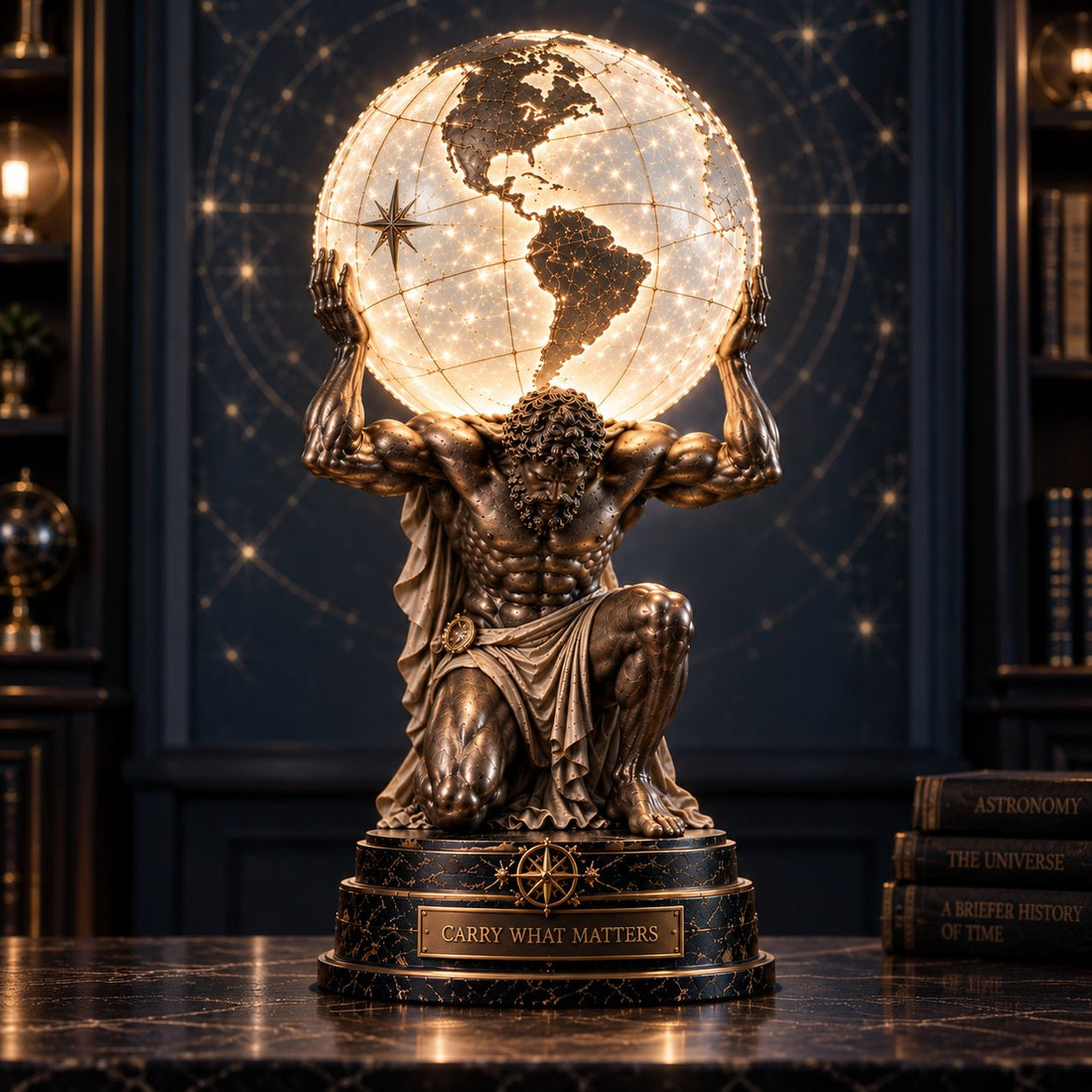 Atlas illuminated world sphere lamp front view