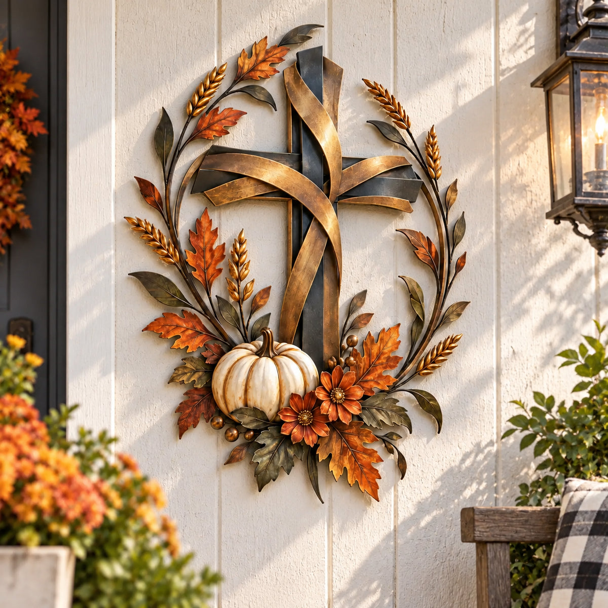 Autumn cross metal wall decor with a cream pumpkin, wheat, flowers, and fall leaves beside a covered entryway