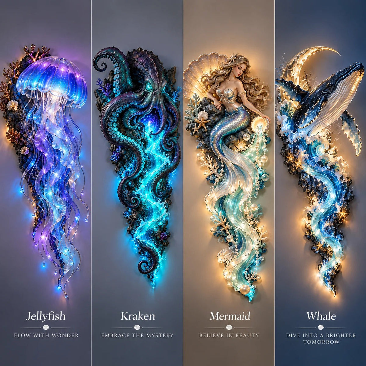 Jellyfish, octopus, mermaid and whale illuminated wall decor styles