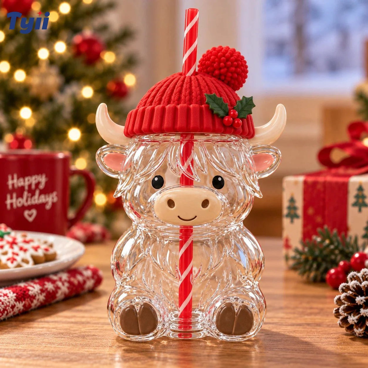 ❤️ Highland Cow Christmas Glass Cup with Straw – Cute Holiday Tumbler Gift