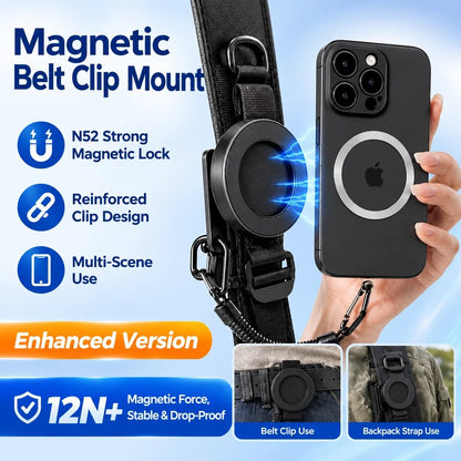 🔥HOT SALE🔥Tactical Magnetic Quick-Release Phone Mount — EDC Belt & Backpack Holster with Anti-Drop Coil Lanyard