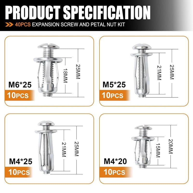 Specification chart for four metric expansion-anchor sizes in the 40-piece assortment