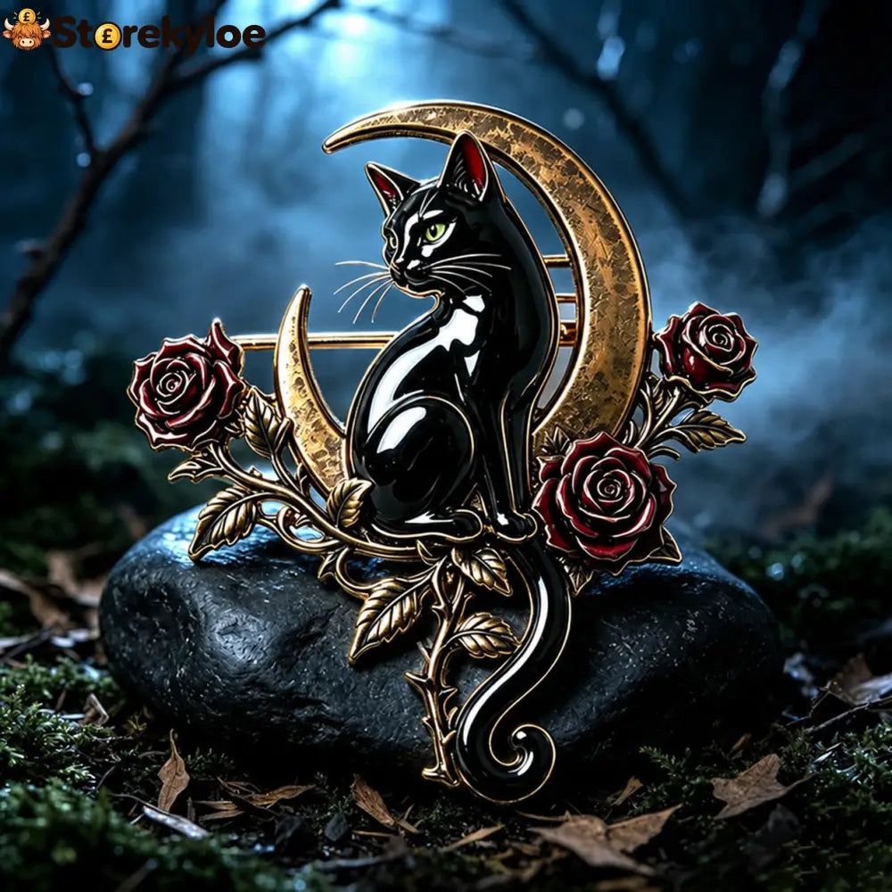 🖤🌙Black Cat & Crescent Moon Rose Brooch🐈‍⬛🌹