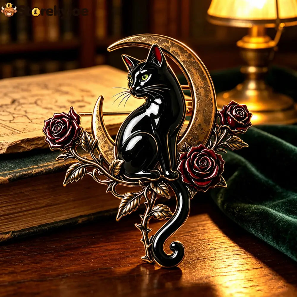 🖤🌙Black Cat & Crescent Moon Rose Brooch🐈‍⬛🌹