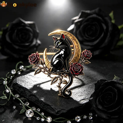 🖤🌙Black Cat & Crescent Moon Rose Brooch🐈‍⬛🌹