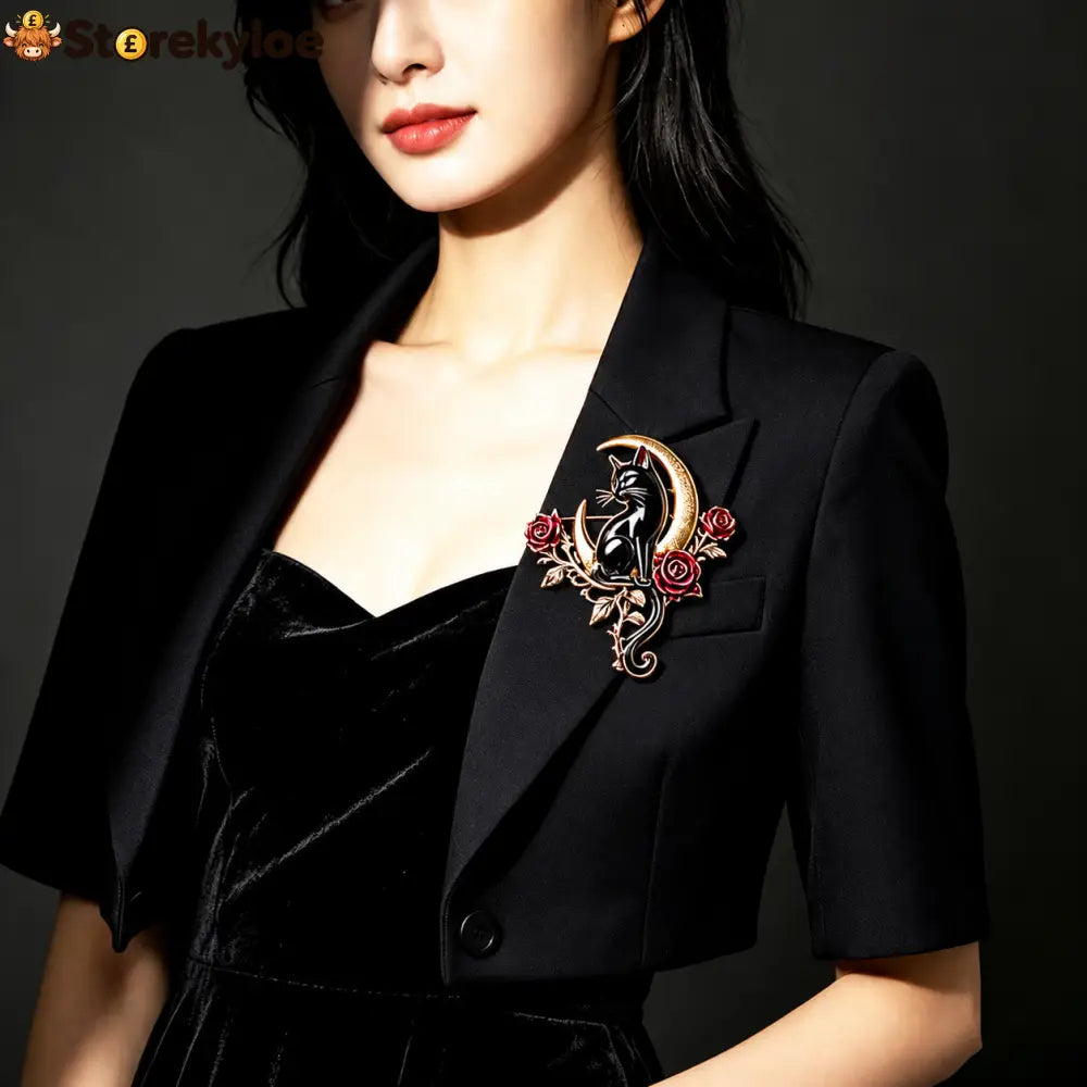 🖤🌙Black Cat & Crescent Moon Rose Brooch🐈‍⬛🌹